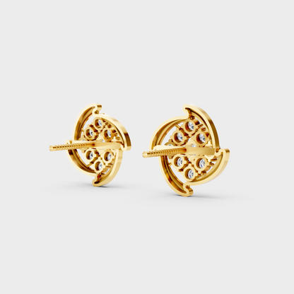 Macro studio lighting catching the fire of Sustainable Round Lab Diamond Stud Earrings in 18K Yellow Gold.