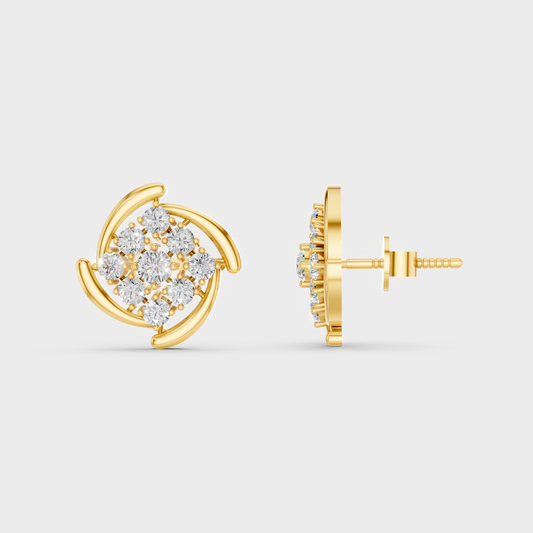 Close-up shot of 0.74 Carat Round Cut Lab-Grown Diamond Stud Earrings set in warm 14K Yellow Gold.
