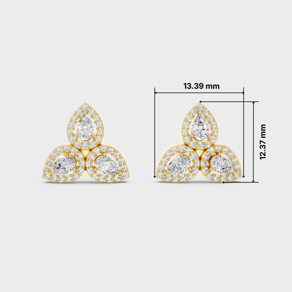 A pair of gold tri-leaf stud earrings with clear gemstones, shown on a light gray background with dimension lines and measurements indicating 13.39 mm width and 12.