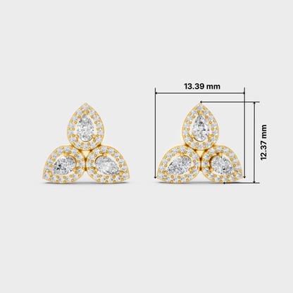 A pair of gold tri-leaf stud earrings with clear gemstones, shown on a light gray background with dimension lines and measurements indicating 13.39 mm width and 12.