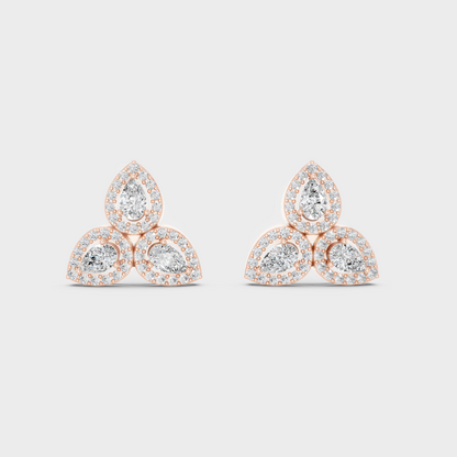 Top-down view displaying the Brilliant Sparkle of 0.96ct Round and Pear Diamond Studs in 9K Rose Gold.