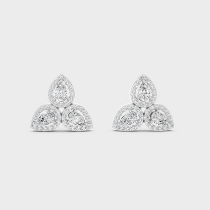 On-ear perspective highlighting the icy Brilliant Sparkle of 0.96ct White Gold Round Pear Diamond Studs.