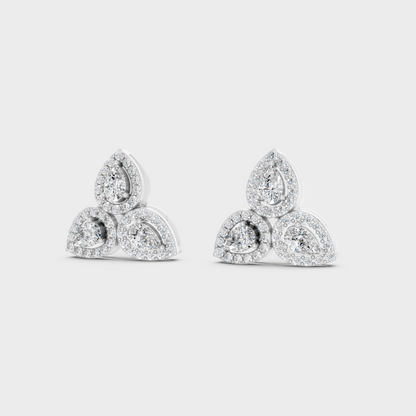 Frontal view of Ethical Luxury Studs featuring Round and Pear Cut Lab Diamonds set in 14K White Gold.