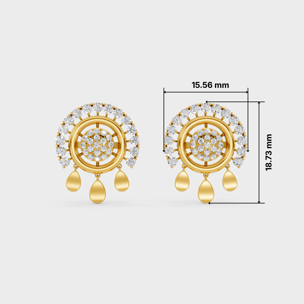 A pair of gold statement earrings with clear gemstones, shown on a light gray background with dimension lines indicating 15.56 mm width, 18.