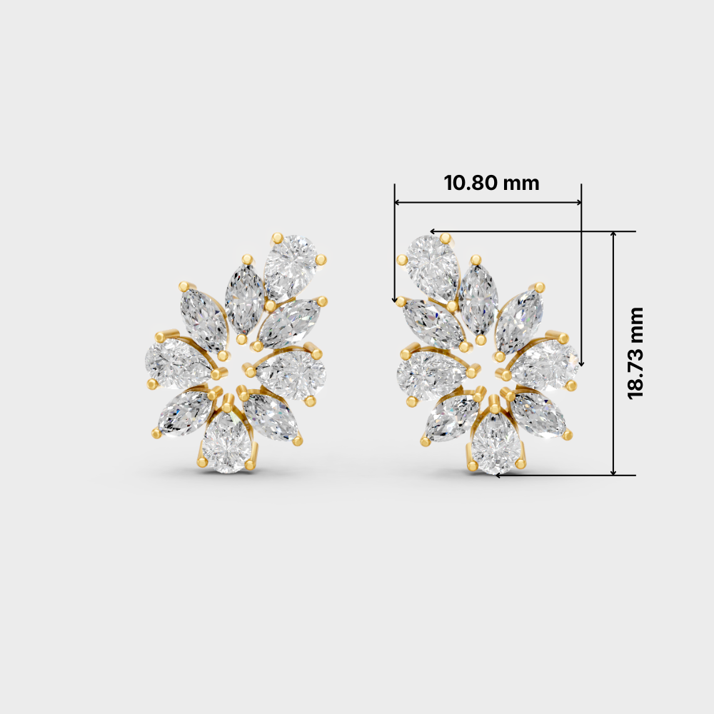 Close-up shot of 1.98 Carat Marquise and Pear Cut Lab-Grown Diamond Stud Earrings set in warm 14K Yellow Gold.