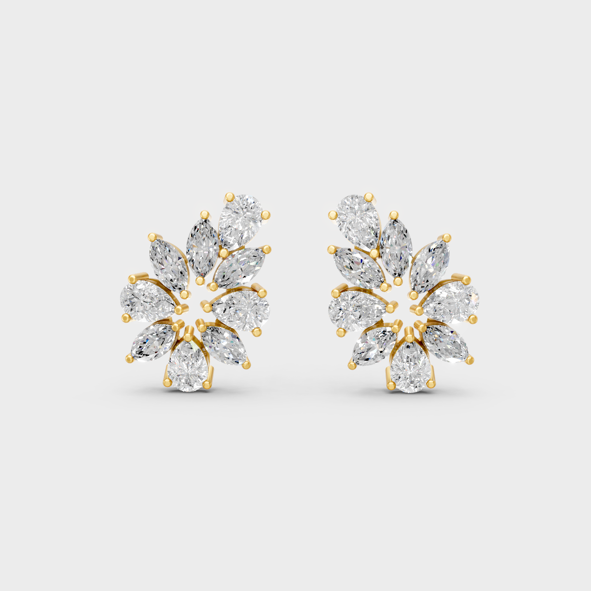 On-model ear wearing a pair of 1.98ct Marquise and Pear Lab Diamond Stud Earrings in classic 9K Yellow Gold.