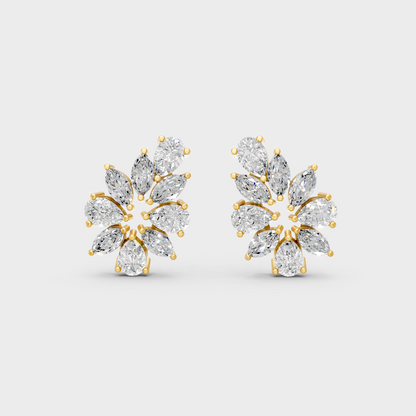 On-model ear wearing a pair of 1.98ct Marquise and Pear Lab Diamond Stud Earrings in classic 9K Yellow Gold.