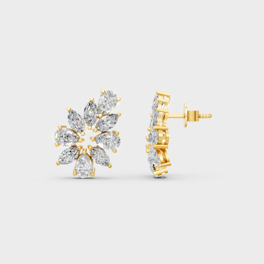 Close-up shot of 1.98 Carat Marquise and Pear Cut Lab-Grown Diamond Stud Earrings set in warm 14K Yellow Gold.
