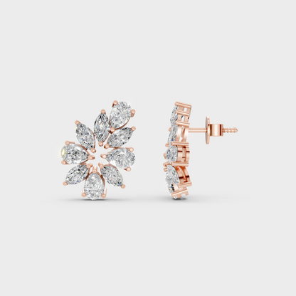 Romantic profile of 1.98 Carat Marquise and Pear Cut Lab-Grown Diamond Stud Earrings in blush 14K Rose Gold.