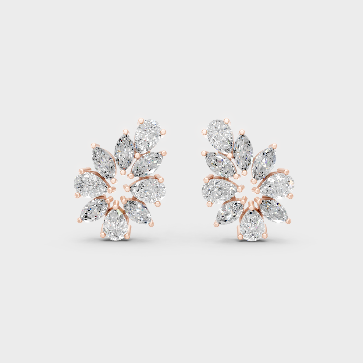 Top-down view displaying the Brilliant Sparkle of 1.98ct Marquise and Pear Diamond Studs in 9K Rose Gold.