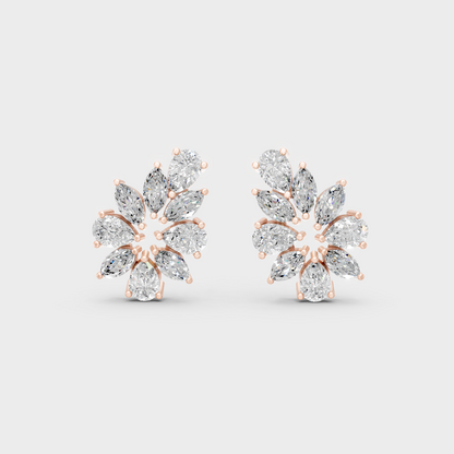 Top-down view displaying the Brilliant Sparkle of 1.98ct Marquise and Pear Diamond Studs in 9K Rose Gold.