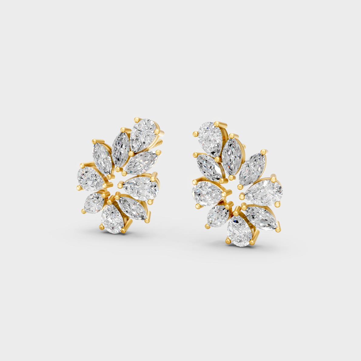 Side angle showing the secure backing and Brilliant Sparkle of Ethical Luxury Marquise and Pear Studs in 18K Yellow Gold.