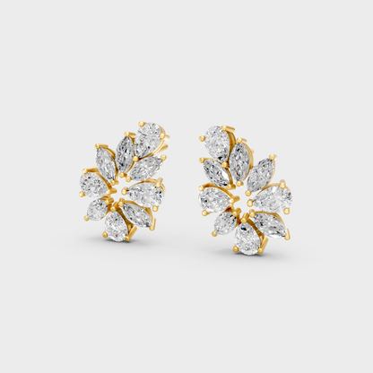 Side angle showing the secure backing and Brilliant Sparkle of Ethical Luxury Marquise and Pear Studs in 18K Yellow Gold.