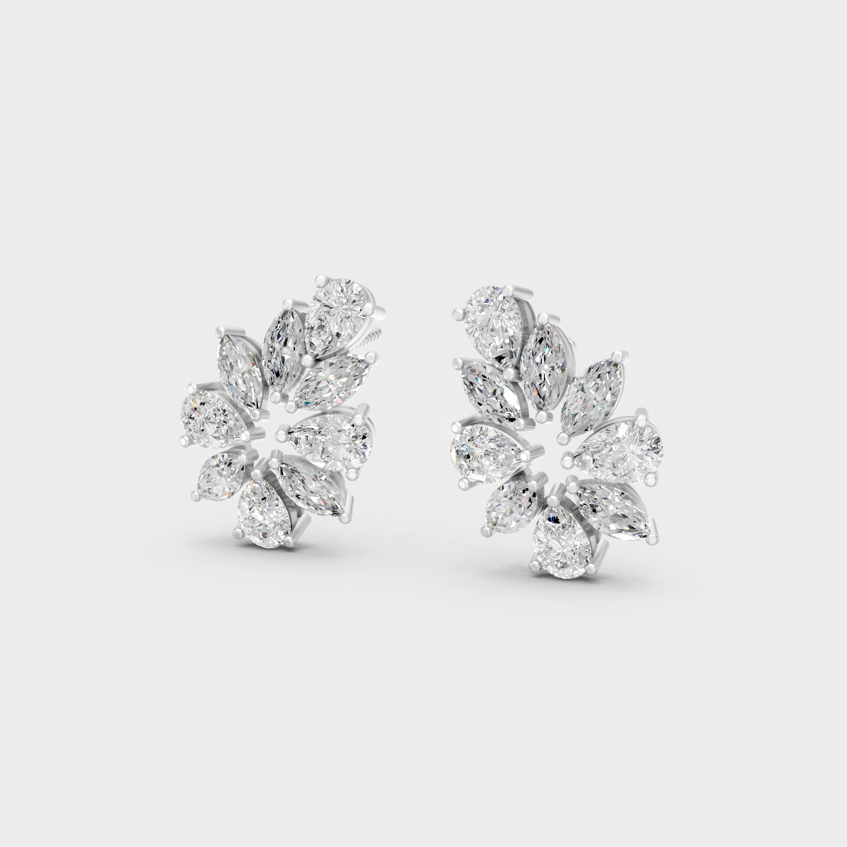 Frontal view of Ethical Luxury Studs featuring Marquise and Pear Cut Lab Diamonds set in 14K White Gold.