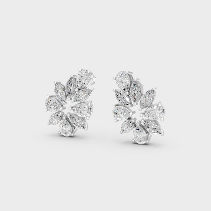 Frontal view of Ethical Luxury Studs featuring Marquise and Pear Cut Lab Diamonds set in 14K White Gold.