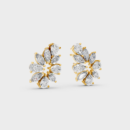 Macro studio lighting catching the fire of Sustainable Mixed Cut Lab Diamond Stud Earrings in 18K Yellow Gold.