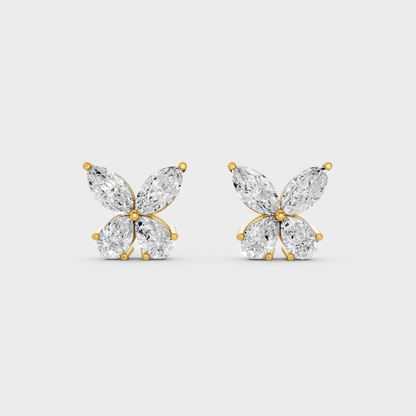 On-model ear wearing a pair of 1.74ct Marquise and Pear Lab Diamond Stud Earrings in classic 9K Yellow Gold.