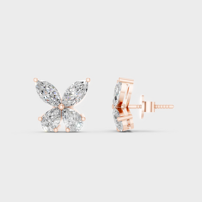 Romantic profile of 1.74 Carat Marquise and Pear Cut Lab-Grown Diamond Stud Earrings in blush 14K Rose Gold.