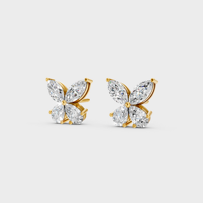 Side angle showing the secure backing and Brilliant Sparkle of Ethical Luxury Marquise and Pear Studs in 18K Yellow Gold.