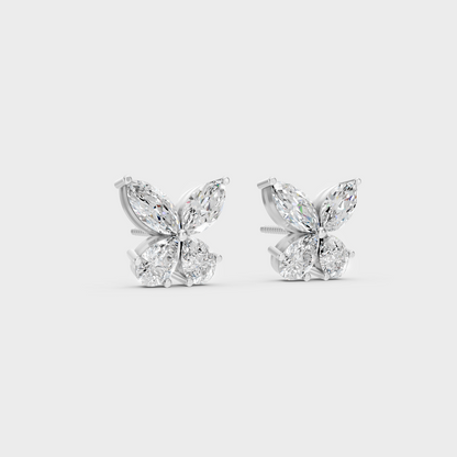 Frontal view of Ethical Luxury Studs featuring Marquise and Pear Cut Lab Diamonds set in 14K White Gold.