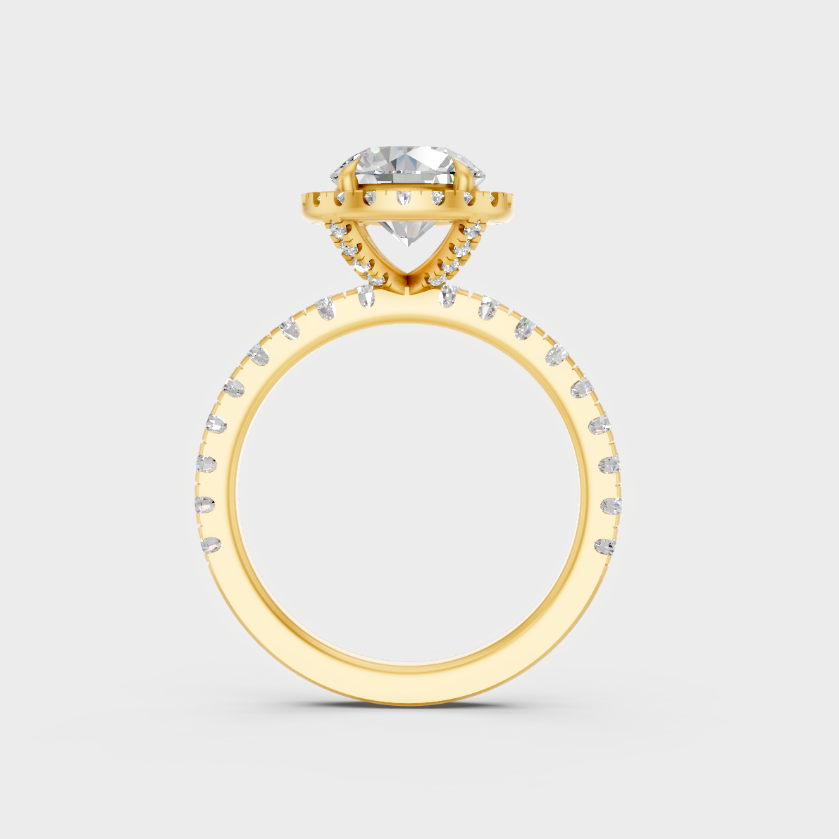 Close-Up View of 2.85 Ct Round Lab-Grown Diamond Halo Ring with warm 18K Yellow Gold band.