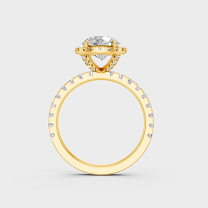 Close-Up View of 2.85 Ct Round Lab-Grown Diamond Halo Ring with warm 18K Yellow Gold band.