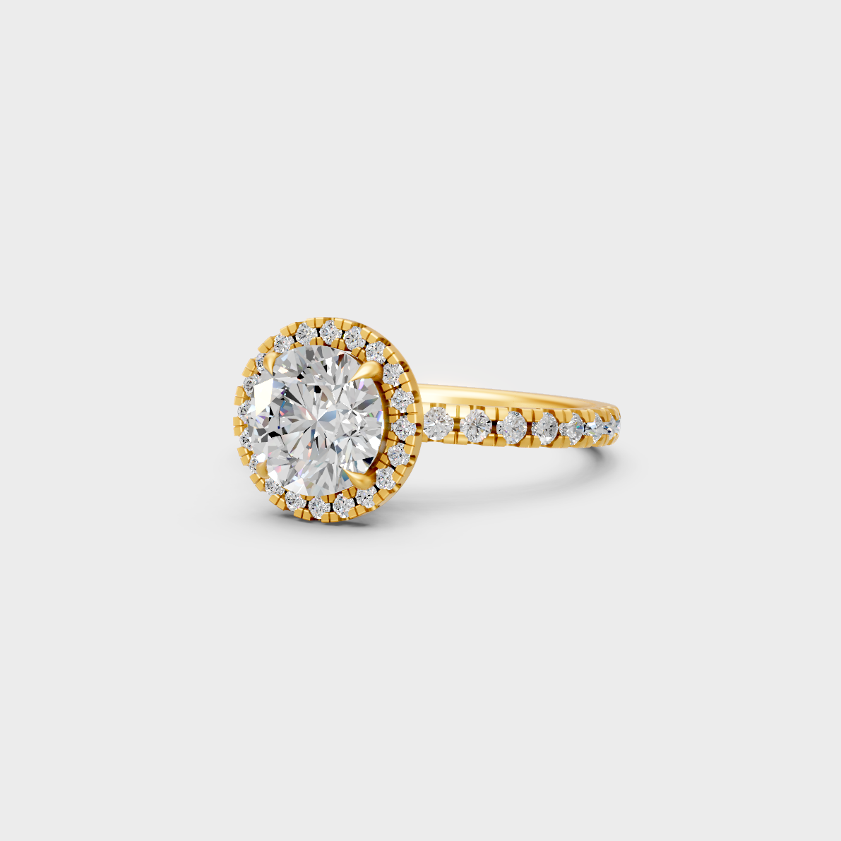 Certified 2.85 Carat Round-Cut Lab-Grown Diamond Halo Ring in 18K Yellow Gold.