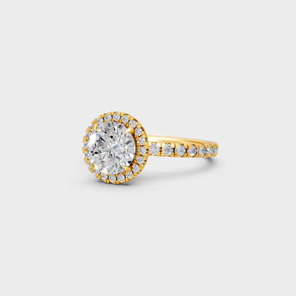 Certified 2.85 Carat Round-Cut Lab-Grown Diamond Halo Ring in 18K Yellow Gold.