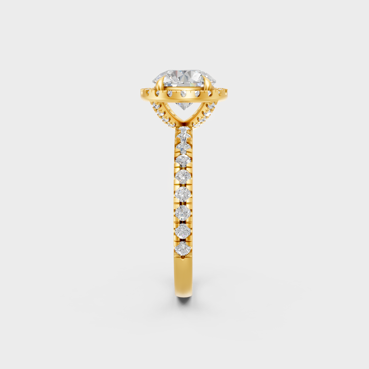Luxury 2.85 Carat Round Cut Halo Ring with brilliant styling in 9K Yellow Gold.