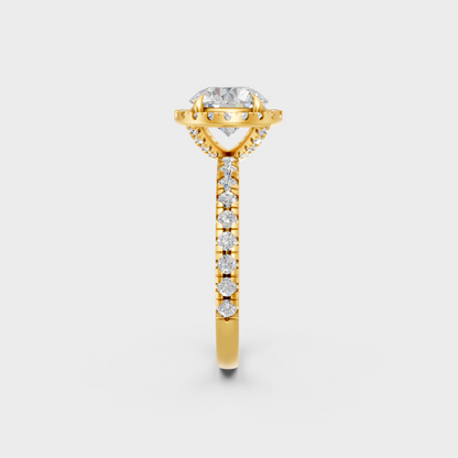 Luxury 2.85 Carat Round Cut Halo Ring with brilliant styling in 9K Yellow Gold.