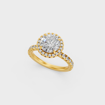 Majestic 2.85 Ct Round Lab-Grown Diamond Engagement Ring with sparkling halo in a polished 14K Yellow Gold setting.