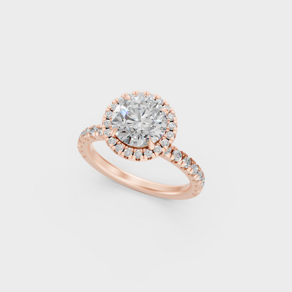Exquisite 2.85 Ct Round Lab-Grown Diamond Engagement Ring, polished 14K Rose Gold finish.