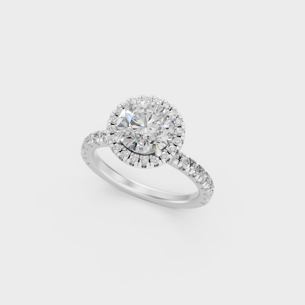 Macro View of 2.85 Ct Round Lab-Grown Diamond Halo Ring with brilliant finish in 18K White Gold.