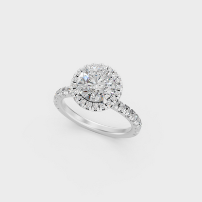 Macro View of 2.85 Ct Round Lab-Grown Diamond Halo Ring with brilliant finish in 18K White Gold.