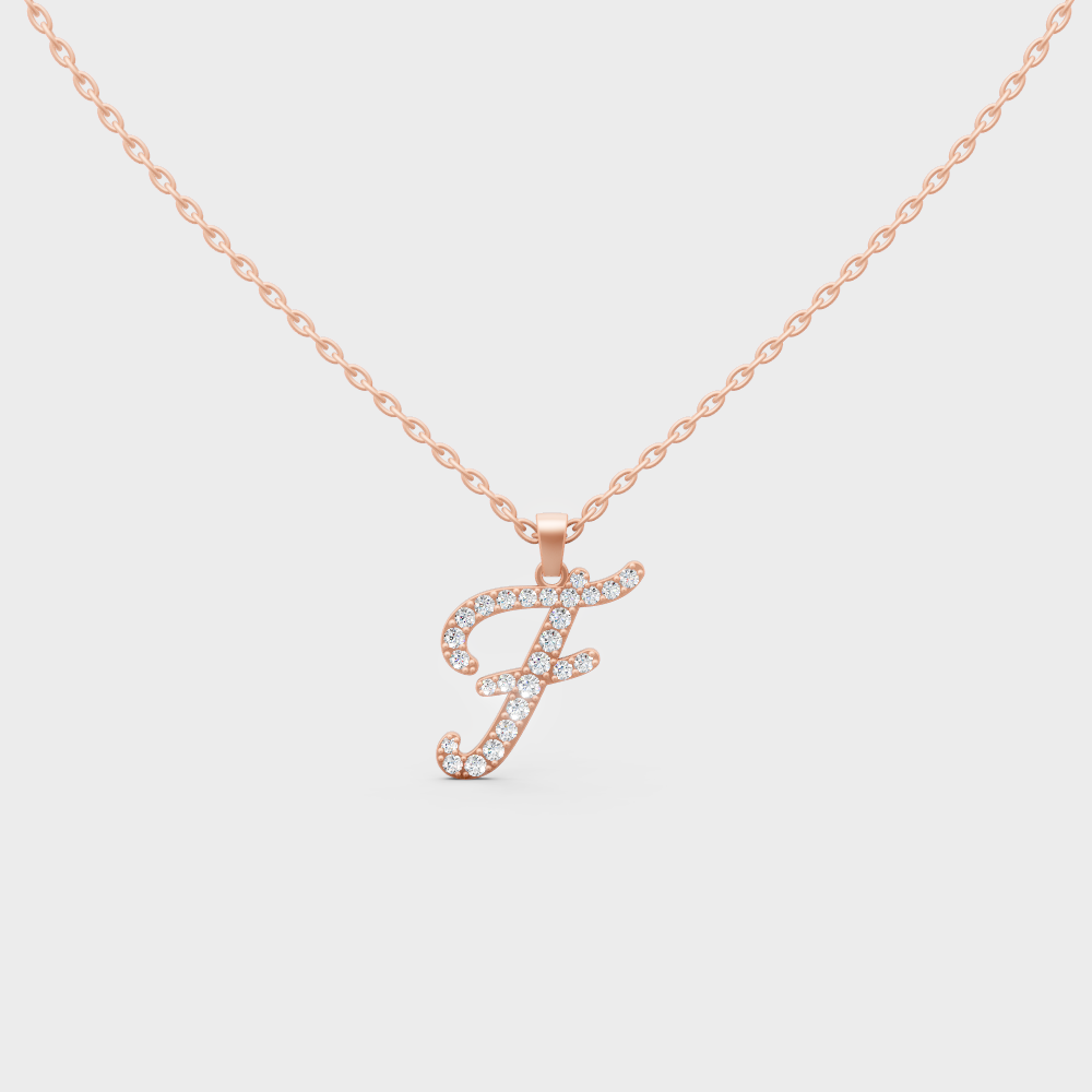 Blush Pink 14K Rose Gold Letter F Initial Necklace Set with Brilliant Round Lab Diamonds