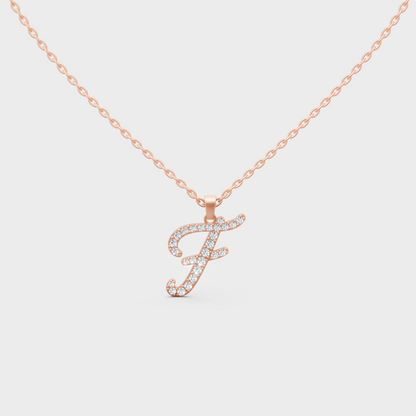 Blush Pink 14K Rose Gold Letter F Initial Necklace Set with Brilliant Round Lab Diamonds