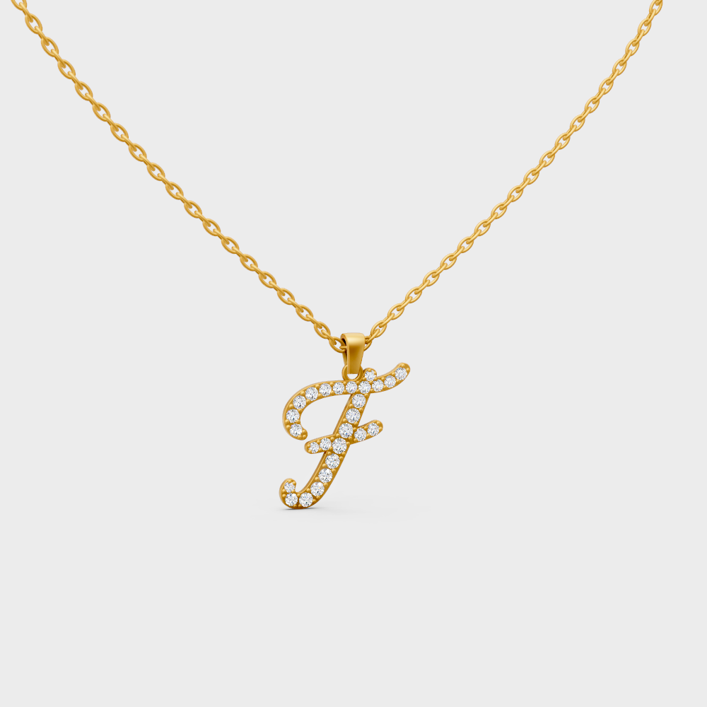Close Up of Initial Letter F Sustainable Diamond Pendant and 18K Yellow Gold Chain