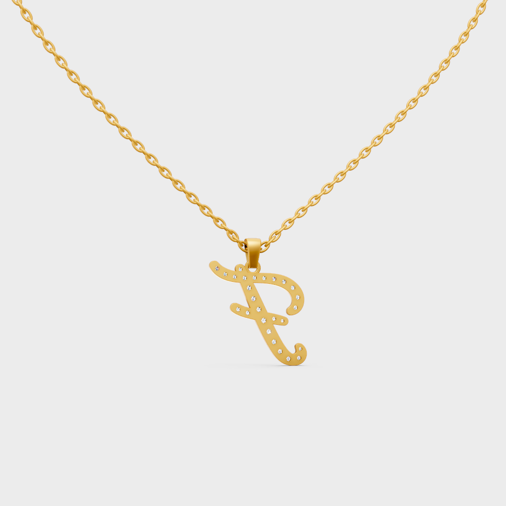 Model Wearing Capital Letter F Lab Created Diamond Necklace in 9K Yellow Gold