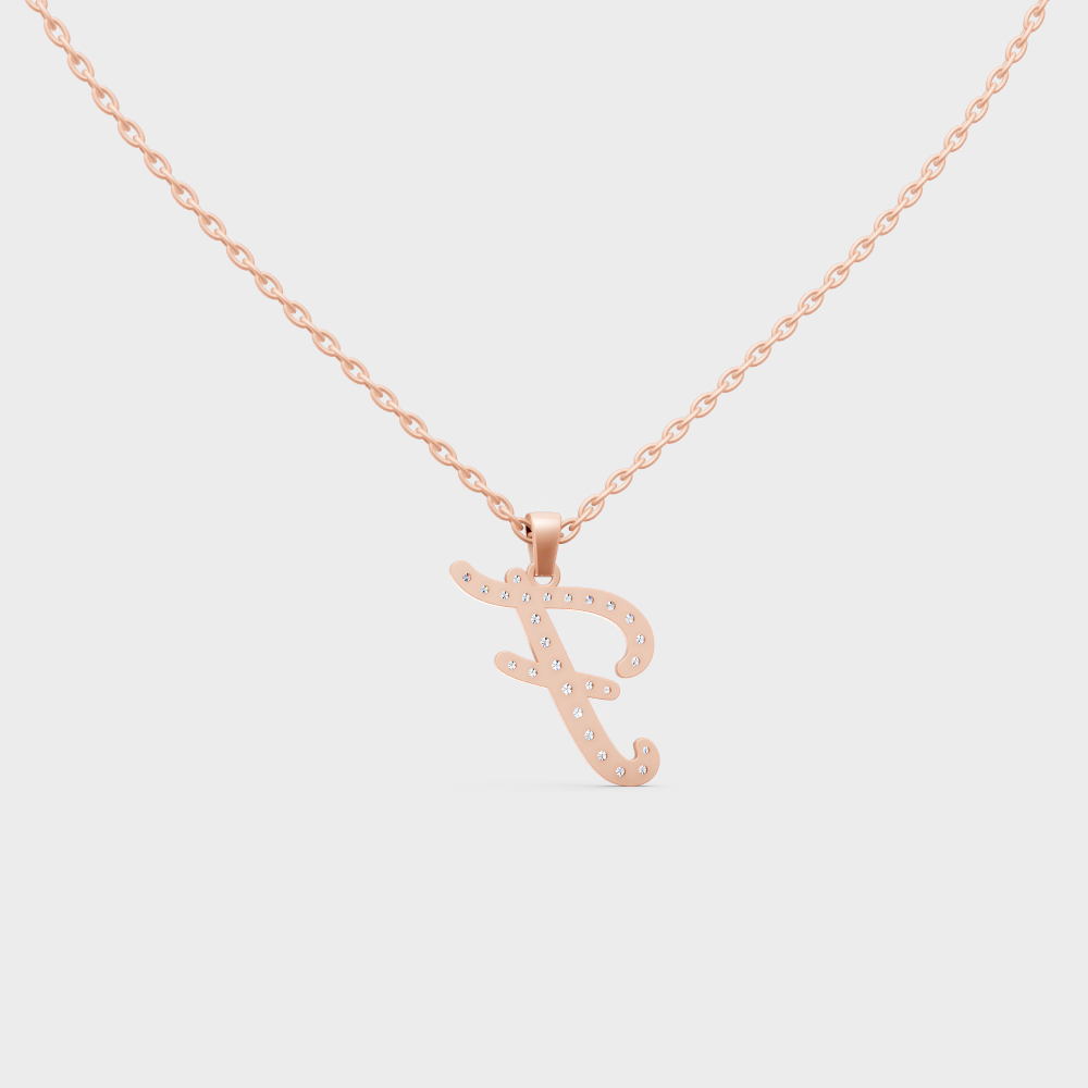 Side Angle of Personalized Alphabet F Lab Diamond Charm on 18K Rose Gold Chain