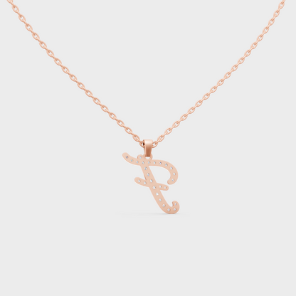 Side Angle of Personalized Alphabet F Lab Diamond Charm on 18K Rose Gold Chain