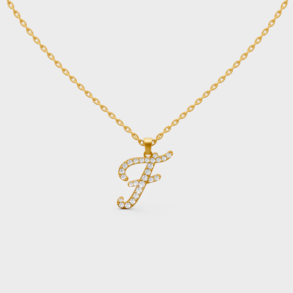 Front View of "F" Alphabet Lab Grown Diamond Pendant with Matching Yellow Gold Chain