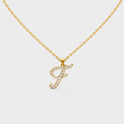 Front View of "F" Alphabet Lab Grown Diamond Pendant with Matching Yellow Gold Chain