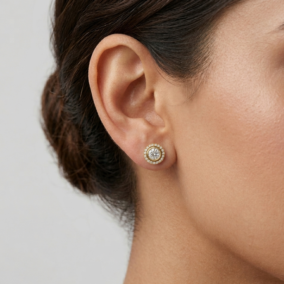 1.19 Ct total lab-grown round diamond halo earrings (0.595 Ct each), GLI certified, set in hallmarked 9K, 14K, 18K gold (yellow, white, or rose) or 950 platinum, designed for ethical luxury and brilliant sparkle.