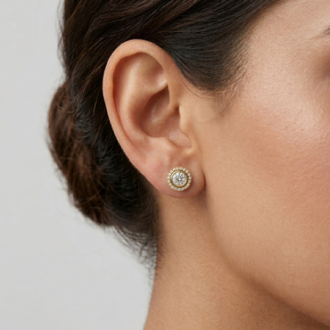 1.19 Ct total lab-grown round diamond halo earrings (0.595 Ct each), GLI certified, set in hallmarked 9K, 14K, 18K gold (yellow, white, or rose) or 950 platinum, designed for ethical luxury and brilliant sparkle.