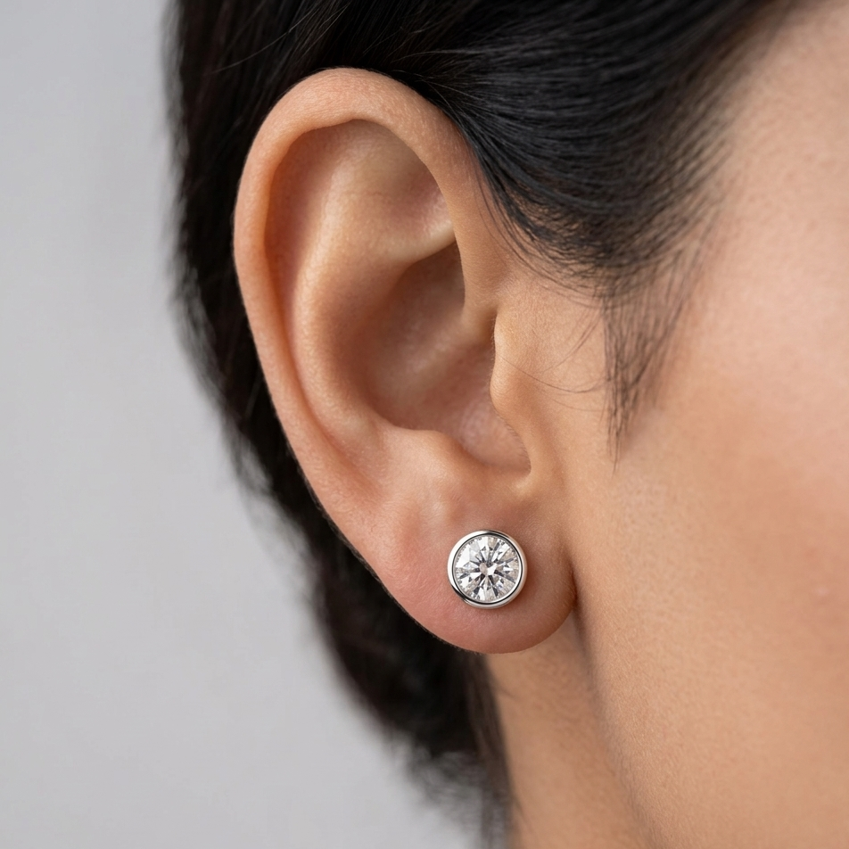 1.00 Ct total lab-grown round diamond stud earrings (0.50 Ct each), certified diamonds, set in yellow, white, or rose gold or platinum, designed for timeless sparkle and everyday brilliance.