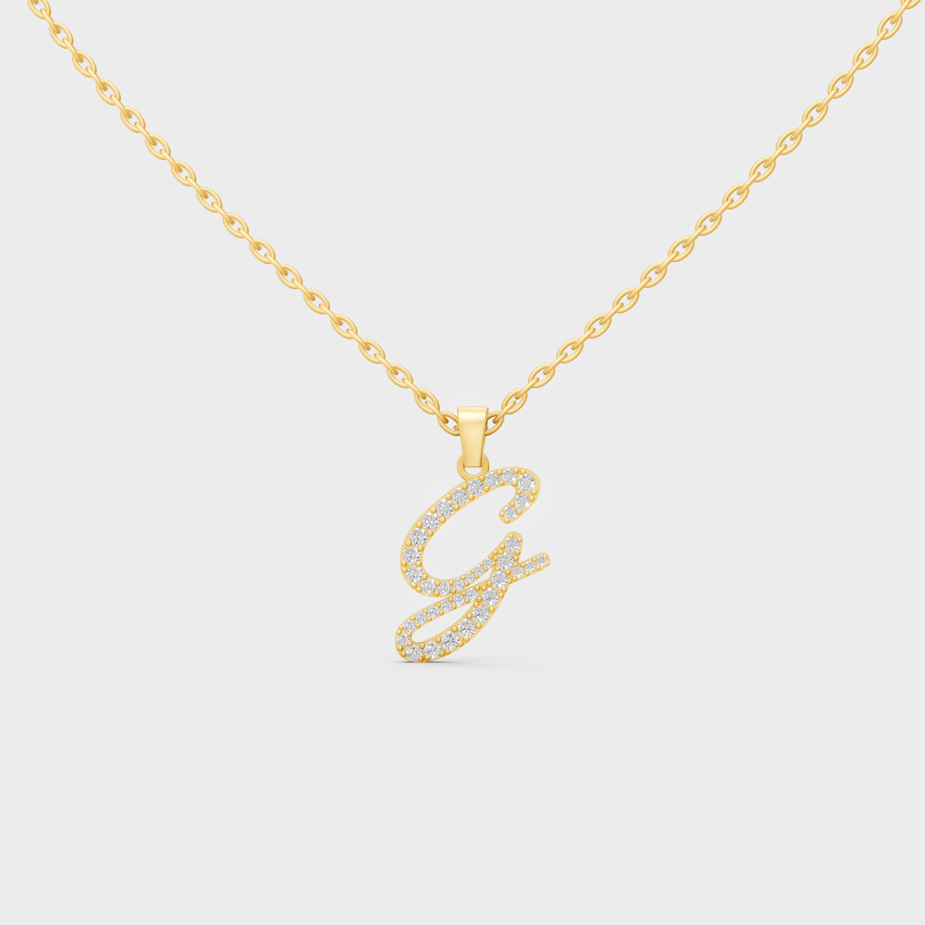 Front View of "G" Alphabet Lab Grown Diamond Pendant with Matching Yellow Gold Chain