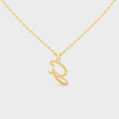 Model Wearing Capital Letter G Lab Created Diamond Necklace in 9K Yellow Gold