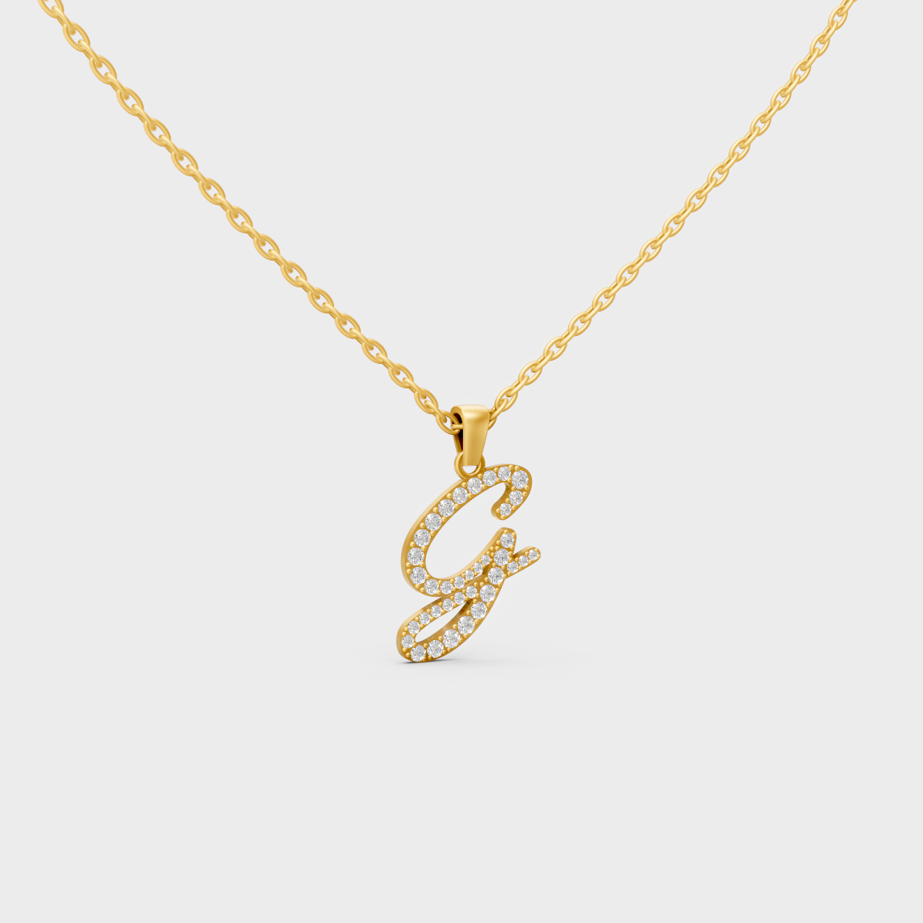Close Up of Initial Letter G Sustainable Diamond Pendant and 18K Yellow Gold Chain