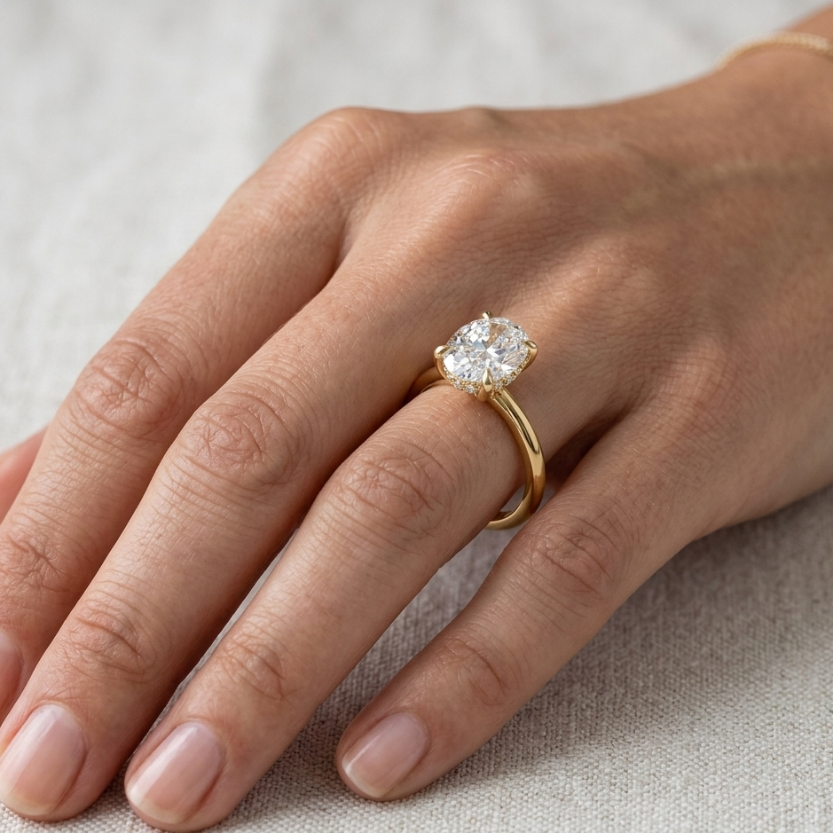 Yellow Gold Engagement Ring Featuring in Oval Shape Hidden Halo 
