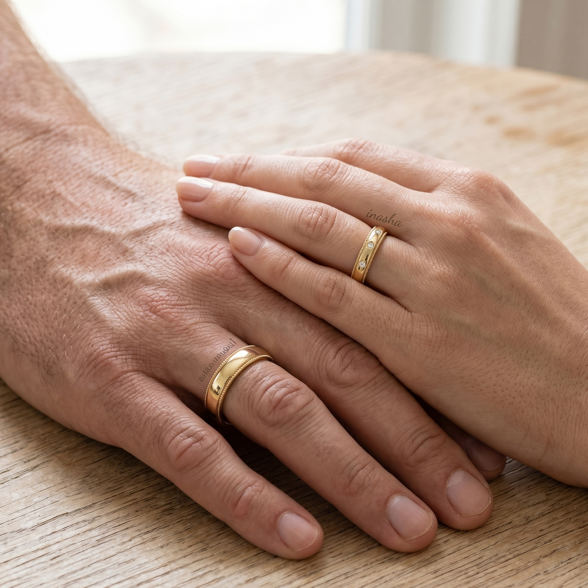 Yellow gold lab grown diamond couple rings set for engagement